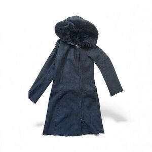 Elegant Black Leather Coat with Fur Trim